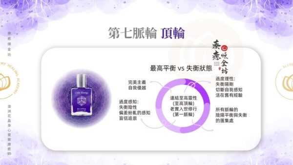 第七脈輪頂輪失衡狀態包含：過度理性、過度感知、完美主義自我優越